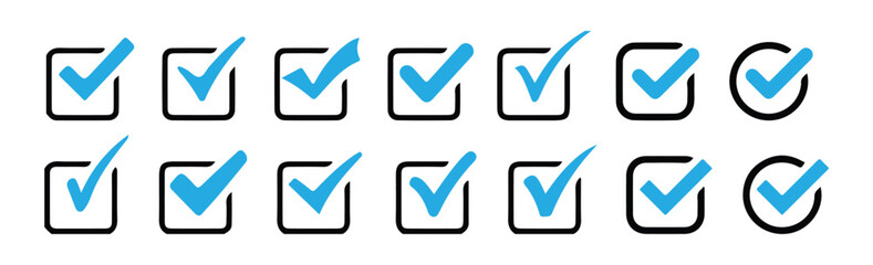 Checkmark icon set. Blue check marks inside squares and circles for web and mobile design