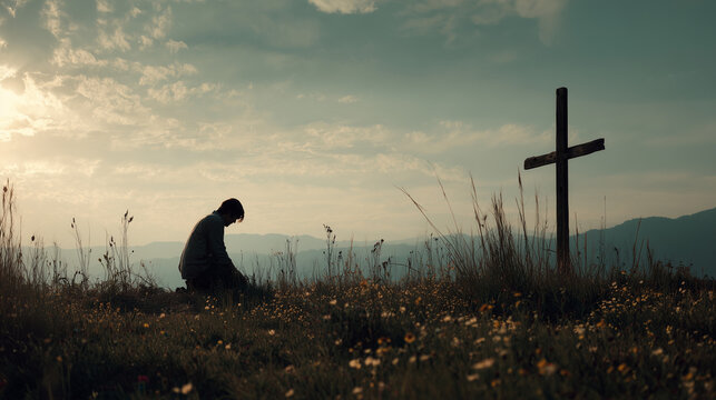 Person Kneeling by Cross at Sunset Field.