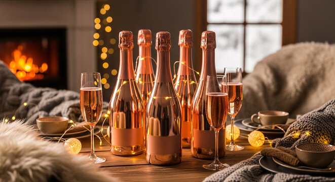 A cozy winter celebration with multiple bottles and glasses of rosé sparkling wine on a decorated table by a fireplace.