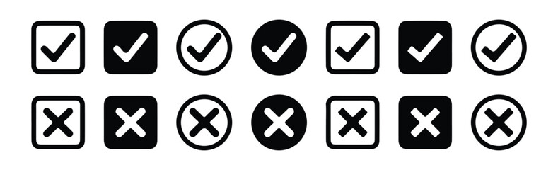 Check mark icons set. Black tick and x marks collection. Right and wrong vote symbols