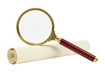 Isolated scroll and magnifying glass illustrate antique document examination and inspection