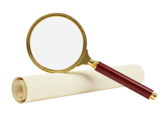 Isolated scroll and magnifying glass illustrate antique document examination and inspection