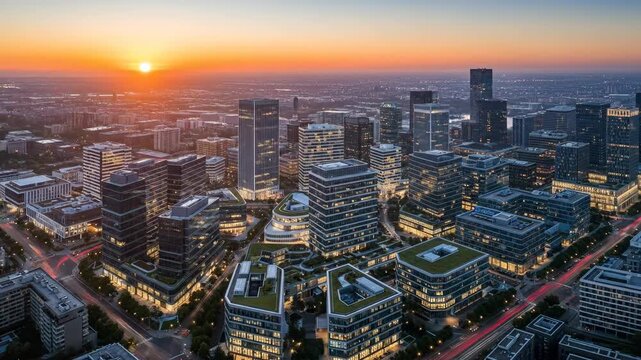 Aerial View of Cityscape at Sunset with Business Buildings