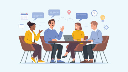 team discussion around table with laptop and speech bubbles showing icons for planning, innovation, and collaboration