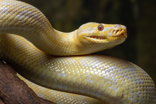 The bright yellow of albino Darwin carpet python (Morelia spilota variegata) is native to the Northern Territory of Australia.