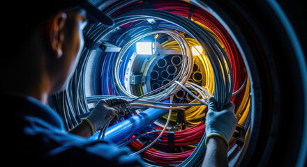 Utility service inspecting cables in a colorful cable collector for industrial safety, electrical maintenance guides, and technical training materials