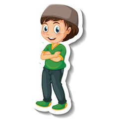 Illustration Of A Smiling Young Boy Wearing A Kufi Hat Green Shirt And Dark Pants Standing With Arms Crossed And A White Border Around Him Against A Transparent Background