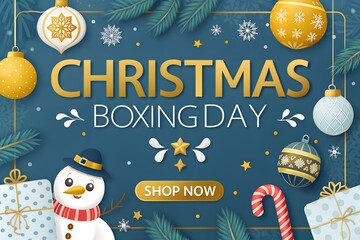 Festive christmas boxing day sale announcement with golden text and holiday decorations including a snowman and gift boxes on a dark blue background