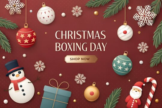 Festive christmas boxing day sale banner with traditional ornaments santa claus snowman gift box candy cane snowflakes and fir branches on a deep red background with a shop now button