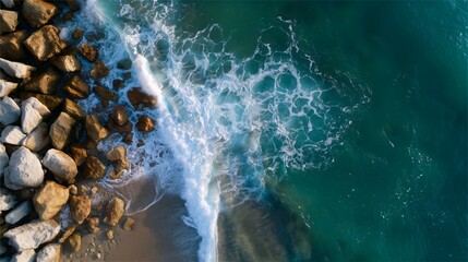 Waves crashing against rocky shoreline at sunset near coastal area