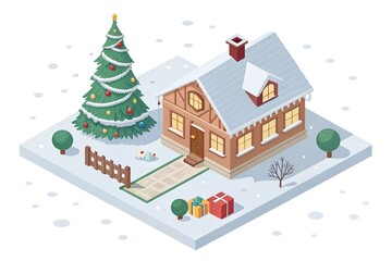 Cozy winter scene of a snow covered cottage with a decorated christmas tree and glowing windows inviting and festive holiday atmosphere perfect for seasonal greetings and celebrations