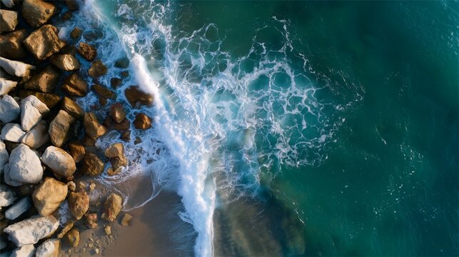 Waves crashing against rocky shoreline at sunset near coastal area