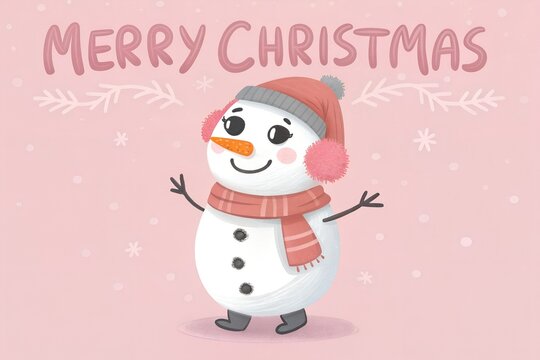Cute cartoon snowman with a red hat and scarf smiling and waving happily against a soft pink background with falling snowflakes and merry christmas text