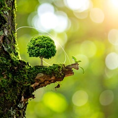 Miniature tree atop a mossy branch, sunlight filtering through foliage