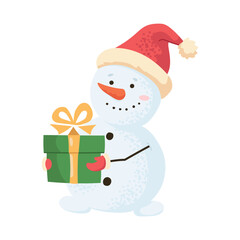 Cheerful snowman in Santa hat holding bright gift box, spreading warmth and festive joy. Whimsical winter character for Christmas cards, children's projects and design Holiday flat vector illustration