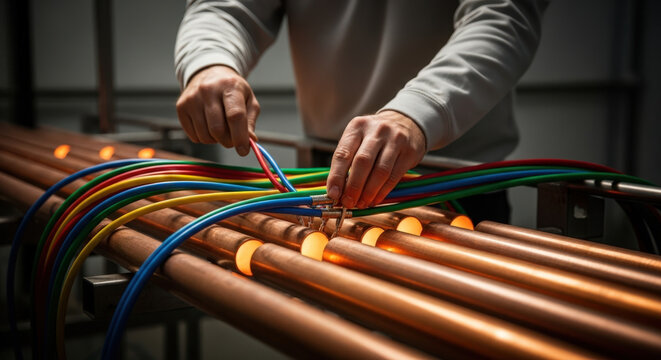 Workers inspecting cables on copper pipes in an industrial setting for safety guides, training materials, engineering websites, and technical manuals