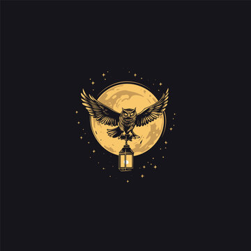 vintage illustration of a majestic Great Horned Owl in flight, holding an antique lantern against a large full moon and starry night sky