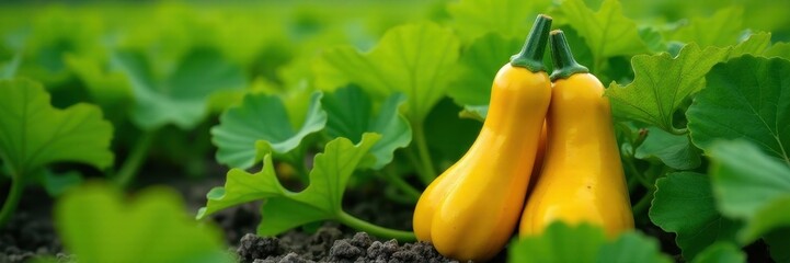 Ripe yellow squash among green leaves in farm field, yellow squash, growing, vegetable