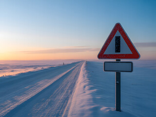 Frosted warning sign on expansive snowy winter road