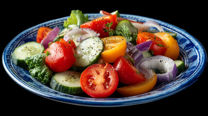Fresh salad with tomatoes cucumbers and onions on a decorative blue plate