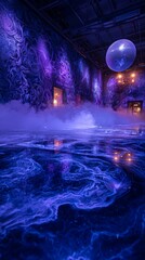 Obraz premium Abstract art installation showcases swirling purple and blue patterns on walls, with a reflective floor and a suspended sphere, creating a captivating and immersive environment
