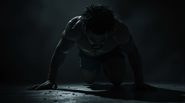 Intensity Personified: A muscular individual, consumed by determination, assumes a low position in a dark, atmospheric environment. It is a visual representation of raw power and resolve.