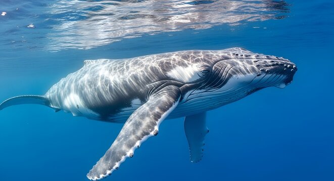 Humpback whale swimming in clear blue ocean water