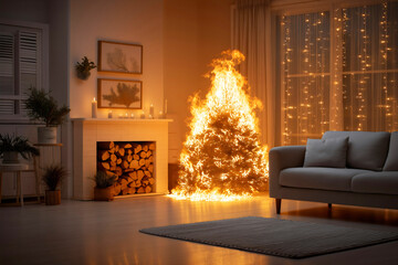 Dangerous house fire hazard as a Christmas tree is fully engulfed in flames in a living room at night creating emergency and destruction.