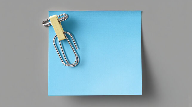 Close up of a blue sticky note with two paperclips on a gray background