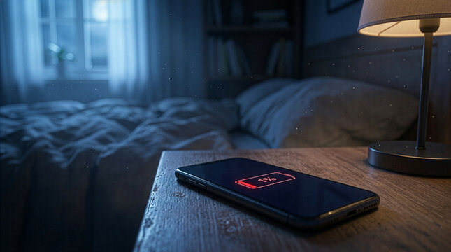 Phone in Bedroom: A cell phone lies on a bedside table with a low battery icon, dimly lit by a lamp, evoking a sense of calm and solitude in the night.