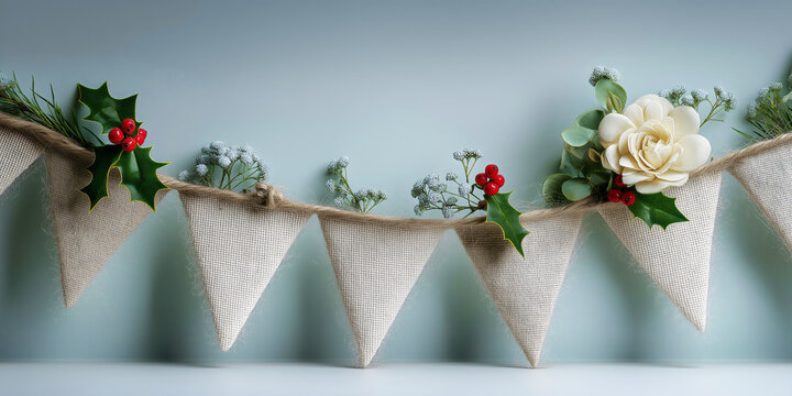 Woven jute burlap bunting garland with festive natural floral elements holly red berries, soft blue background copy space, decoration header.
