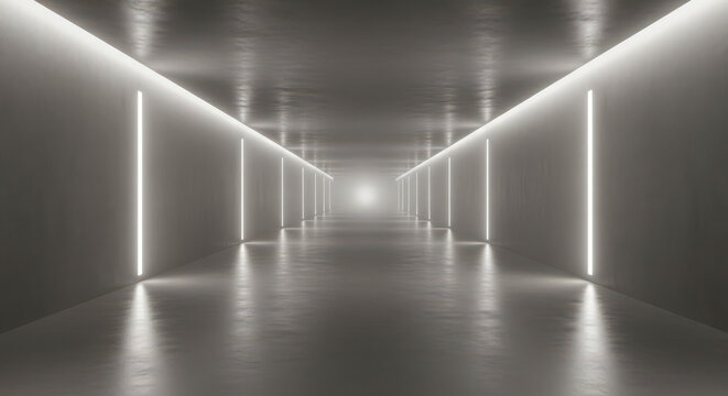 Minimalist modern architecture tunnel interior with glowing white light - Powered by Adobe