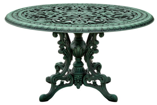 Ornate victorian wrought iron patio table, verdigris patina coloring, round outdoor garden furniture  isolated transparent background. PNG