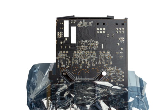 Graphics Card Backside Surrounded By Anti-Static Bag For Tech Storage isolated on a white background