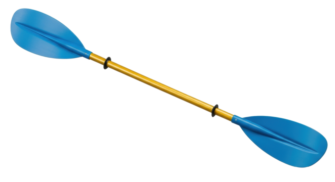 Isolated recreational dual-blade kayak paddle with yellow shaft and two blue symmetrical blades - Powered by Adobe
