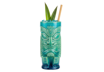 Isolated turquoise tiki cocktail mug, Polynesian pop culture, Hawaiian style beverage