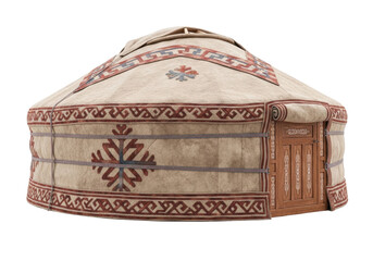 Isolated Yurta dwelling with door, portable and round tent traditional architecture