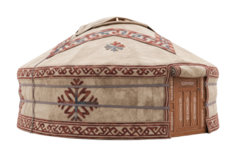 Isolated Yurta dwelling with door, portable and round tent traditional architecture