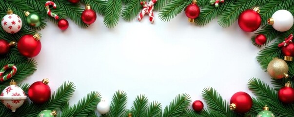 Festive red, green, white ornaments & pine branches border , wreath, festive