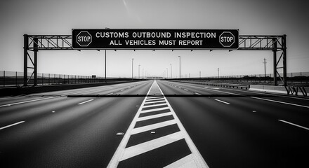 Highway Customs Inspection Sign In Monochrome, Leading Lines and Perspective