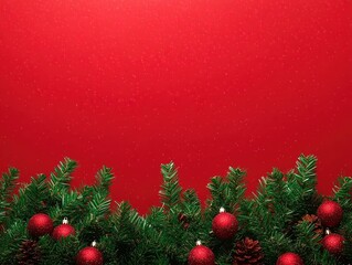 Red gradient background with Christmas tree branches at bottom, combining Chinese New Year festive elements, top copy space ideal for text, logo or commercial promotional high-resolution holiday 
