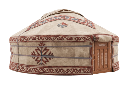 Isolated Yurta dwelling with door, portable and round tent traditional architecture