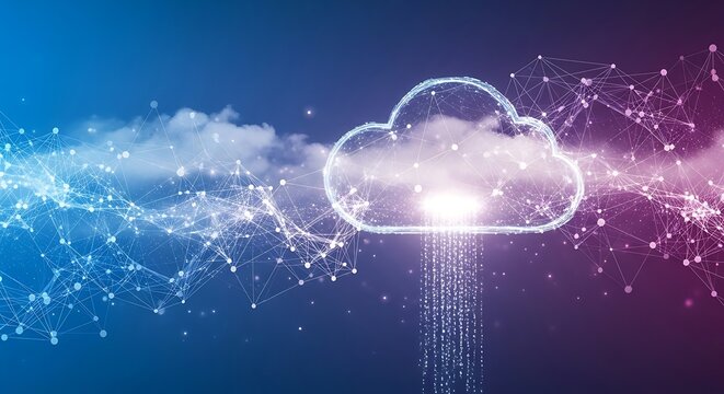 Cloud computing concept illustration with glowing data network and digital rain