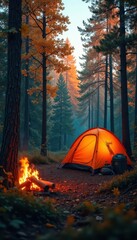 Campsite nestled amongst fiery trees, gear neatly packed , orange, tent, season