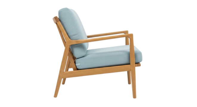 Isolated lounge chair with light-blue upholstery and wooden frame for interior design, modern