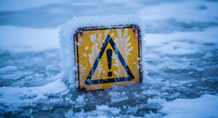 Icy Warning Sign Amidst Frozen Water Representing Environmental Danger