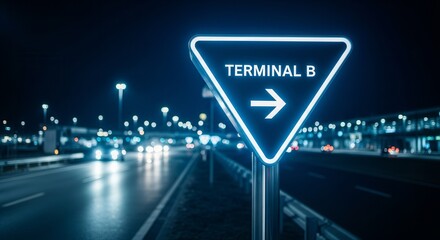 Illuminated Airport Sign Guiding Travelers to Terminal B at Night in City