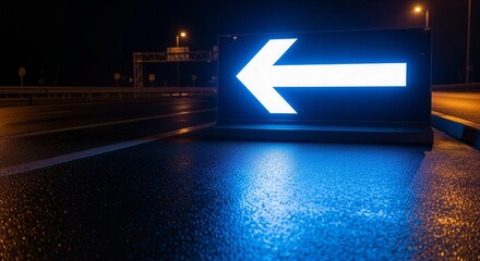 Illuminated Arrow Sign Directing Left At Night On A Dark Wet Road, Clear Guidance