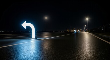Illuminated Arrow Sign Directing Left On Asphalt Road Under a Night Sky