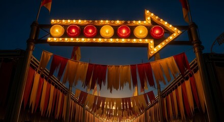 Illuminated Arrow Sign Directing To An Event At a Carnival at dusk